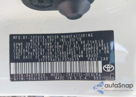 2020 Toyota Corolla Le из США, поврежденный, VIN 5YFEPRAE8LP020619